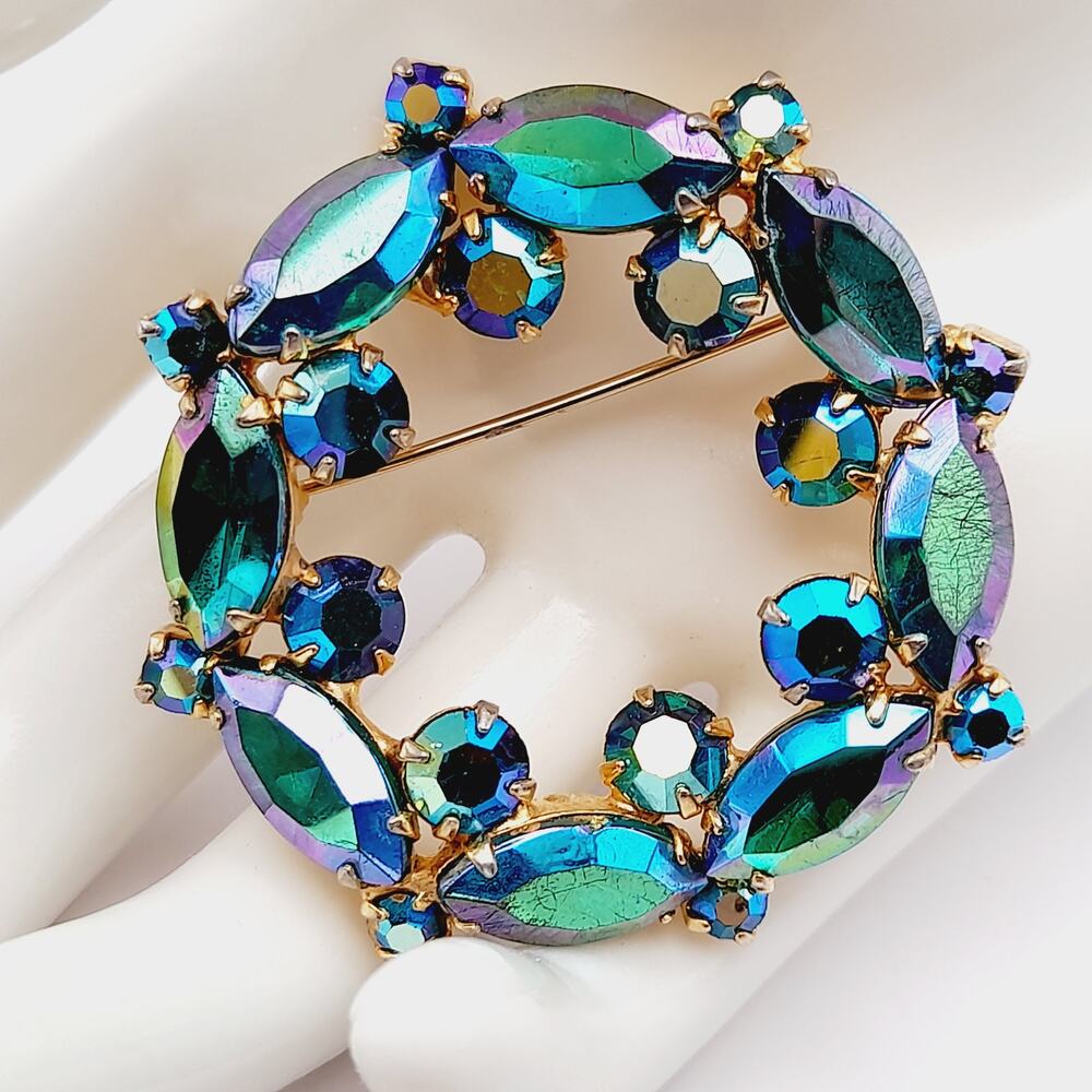Vintage Blue Green AB Rhinestone Wreath Brooch Gold Tone 2 Inch Pin